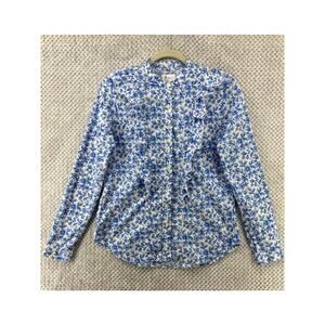 The Shirt by Rochelle Behrens Top Women S Floral White Blue Ruffle Button Up